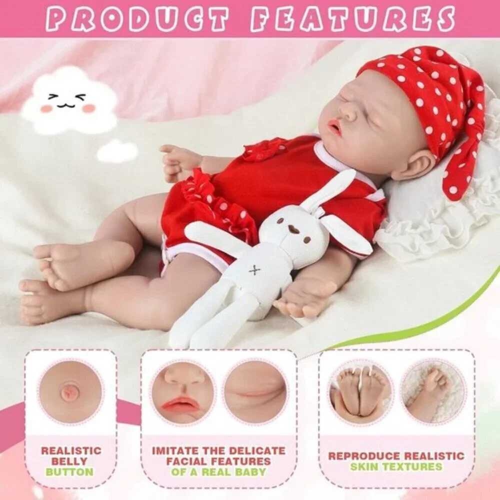 Full Platinum Silicone Baby Doll Girl 12 inch Red White Eye Closed Newborn Baby